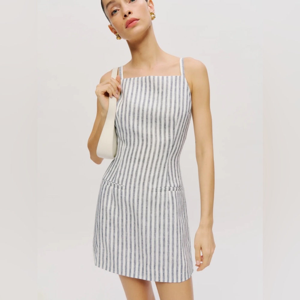 NEW Reformation Phillipa Linen Mini Dress in Antibes Stripe Blue White | sz 4 - Picture 1 of 12